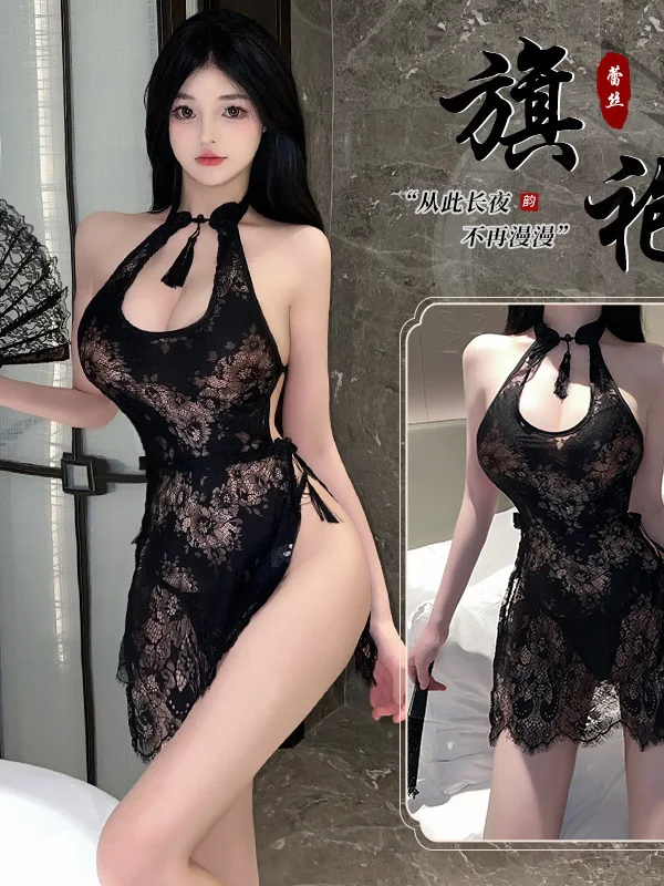 Sheer Lace Mesh Transparent Mini Dress Halter Neck Sexy Women Underwear Sexy Lace Cheongsam Uniform Clothes Dress Elegant A40Z