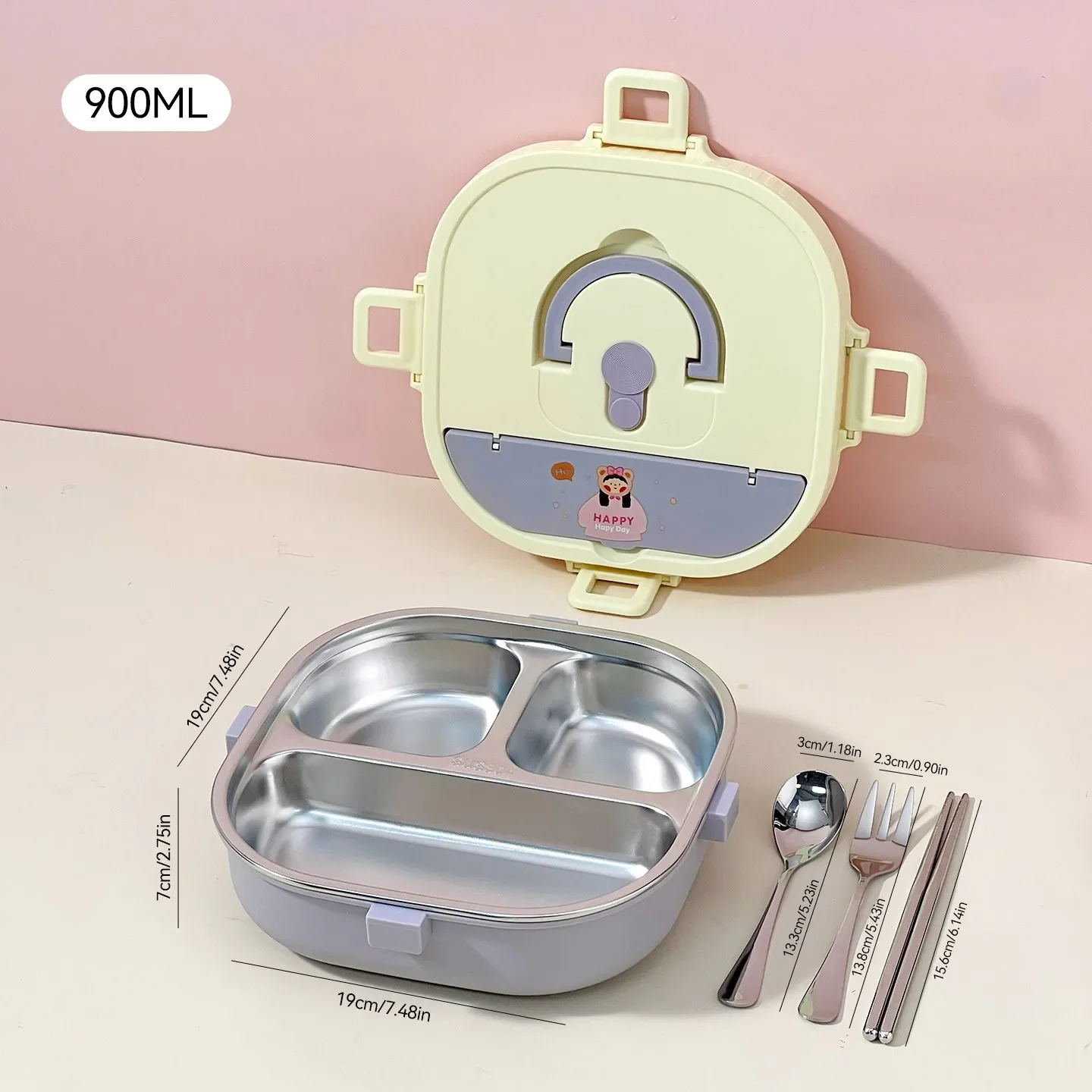 3/4 Raster Verzegelde 304 RVS Voedselcontainer voor Studenten Vierkante Verdeelde Bento Lunchbox Met Bestek Magnetronbestendig