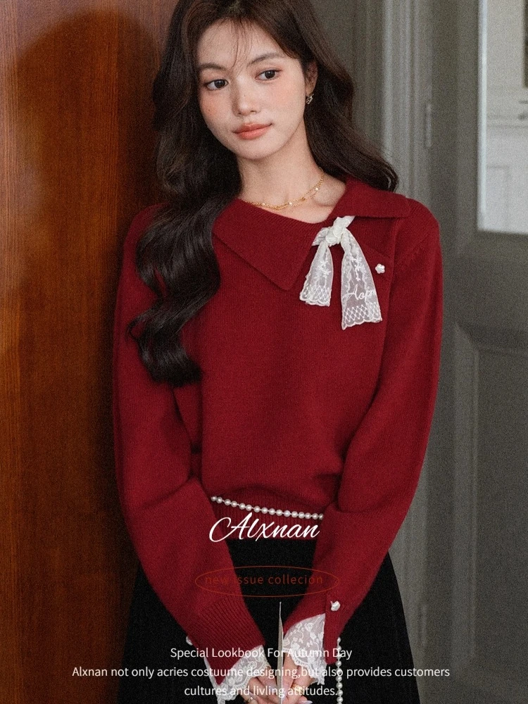 

ALXNAN Red Sweater Slant Collar Lace Stitching Long Sleeve Sweater 2025 Autumn New Casual Loose-fit Pullovers Ladies L57319-2