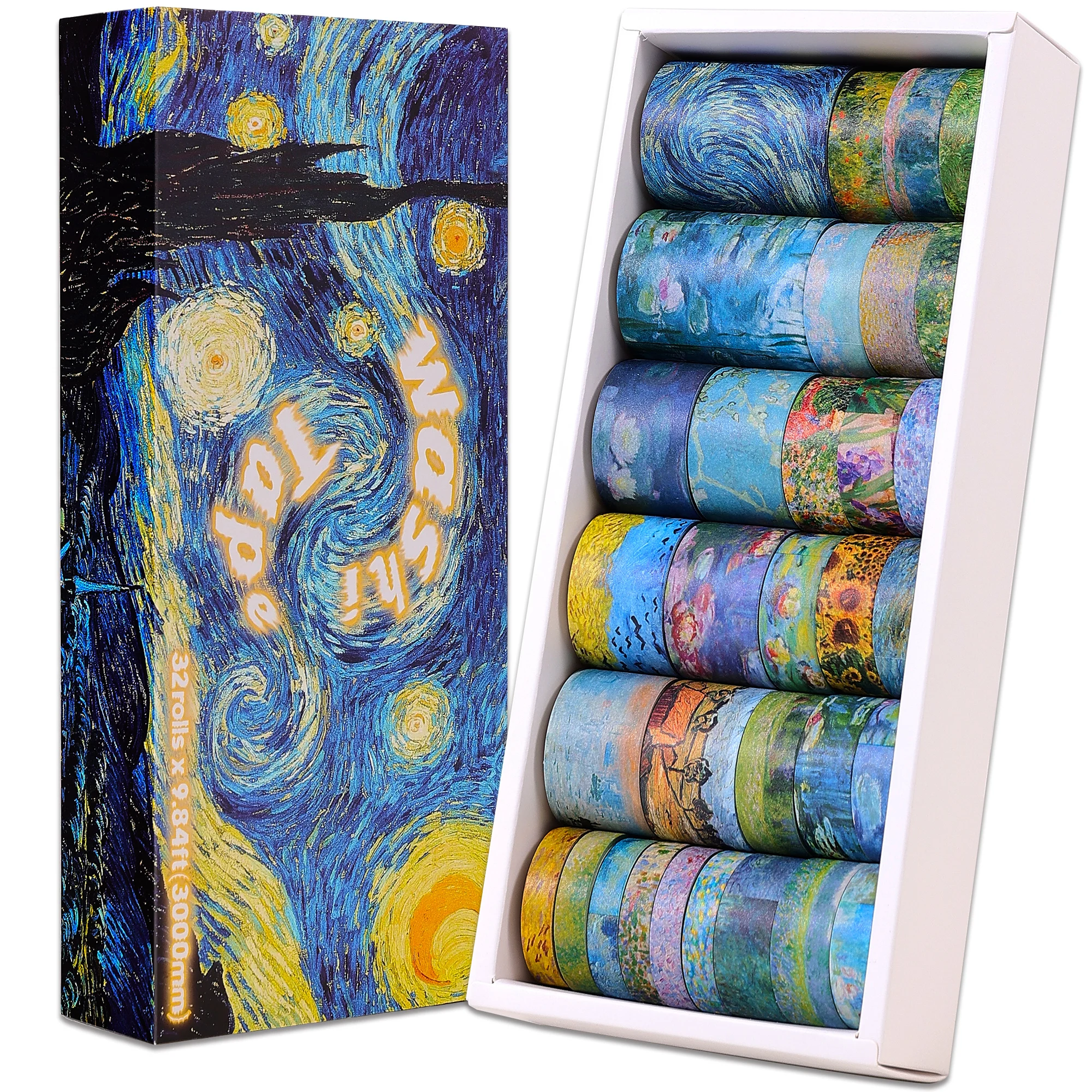 Juego de 32 rollos de cintas Washi, cinta adhesiva decorativa para pintura al óleo, cinta adhesiva de Van Gogh para diario de balas, regalo de manualidades DIY, fiesta