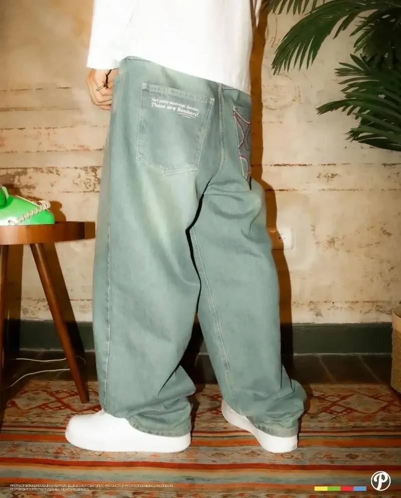 Y2K Protect Streetwear Jeans Hip Hop pantaloni da uomo Harajuku lettera ricamo Jeans larghi blu Vintage pantaloni a gamba larga a vita alta