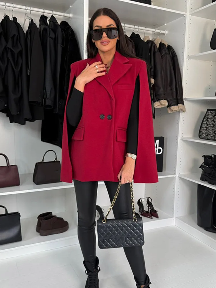 New Classic Grey Woolen Cape Suit Jacket For Women Fashion Lapel Collar Double-breasted Cloak Coat Female Commute Outwear 2024