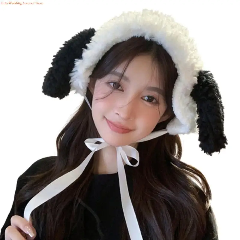 G92D Furry Reindeer Horn Puppy Ear Headband with Earflaps Women Influencers Popular Slouchy Warm Ear Protections HairBands