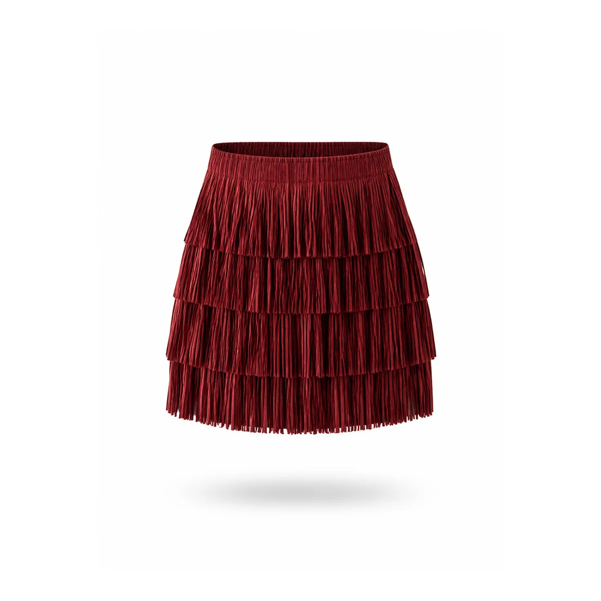 Miyake Women Layered Fringe Pleated Mini Skirt, Elastic High Waist Tassel Tiered Skirt, Solid Color Party Dance Short Skirt