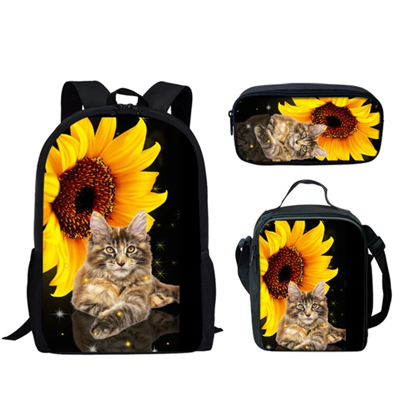 Hewan Sunflowers 3 buah/Set ransel cetak 3D sekolah siswa laki-laki perempuan tas penyimpanan buku Laptop Daypack tas makan siang tas pensil