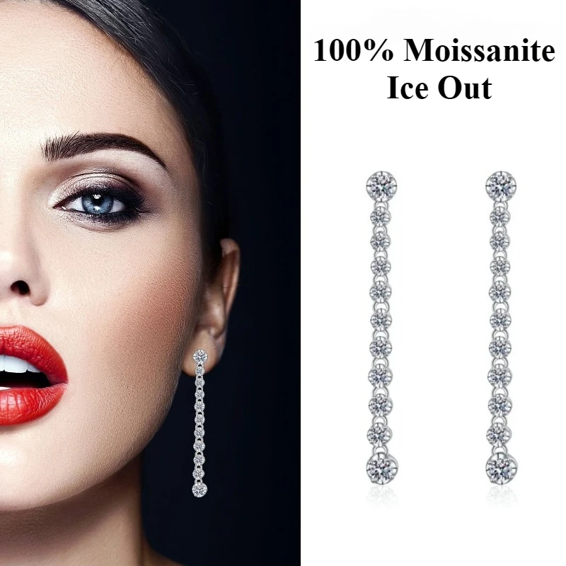 Moissanite 925 Sterling Silver Earrings Fringed Long Row Earrings Engagement Fine Jewelry Light Luxury and High-end Design