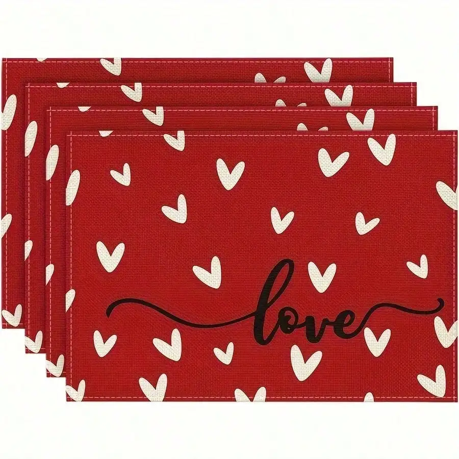 

4-Pack Red Polyester Placemats with White Heart Pattern and Script Text, Heat Resistant Non-Slip Table Mats