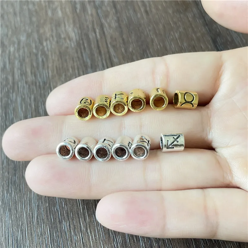 50Pcs Tibetan Silver Zodiac Spacer Beads 12 Constellations Tube Beads For DIY 4mm Round Leather Necklace Bracelet Jewelry Making