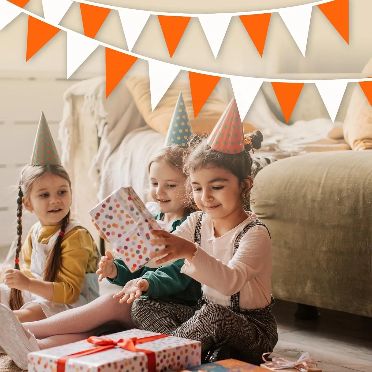 10m laranja branco flâmula banner bandeiras corda tecido triângulo bunting bandeira, decorações de festa para aniversário, casa jardim ao ar livre