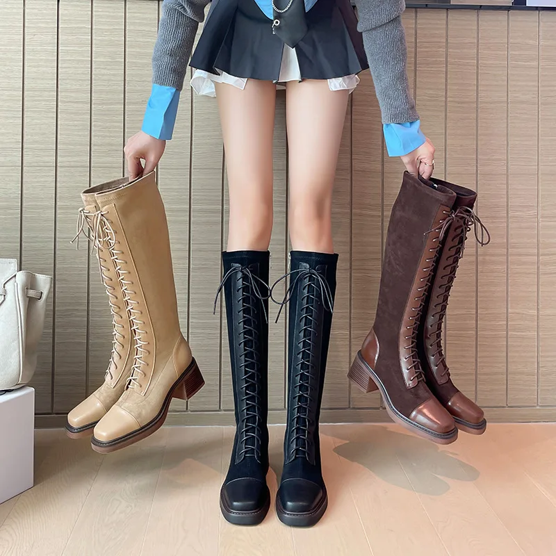 Designer Brand Women's Cross Lace Up Knee High Boots Winter 2026 New Woman Goth Motorcycle Boots Trend Chelsea Mujer Botas - view 6