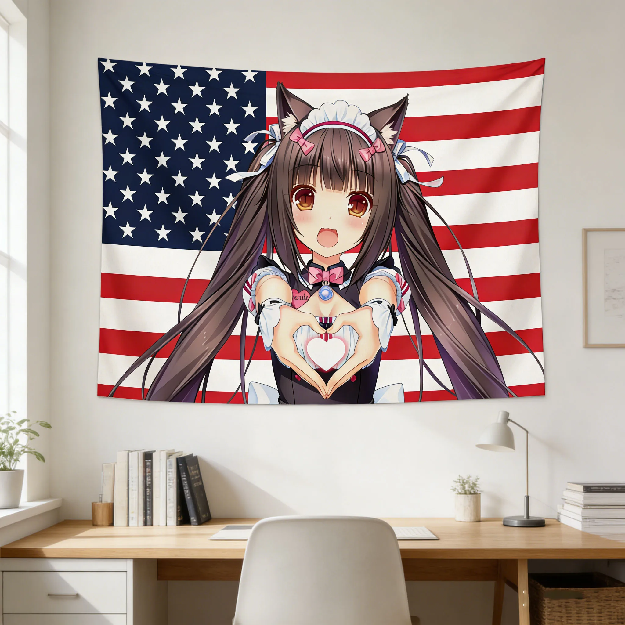 N-NEKOPARA Niedlicher Mädchen-Wandteppich, Heimdekoration, Hintergrundstoff, Wandteppich-Design mit amerikanischer Flagge, Geschenk für Fans und Studenten. – Detail 4