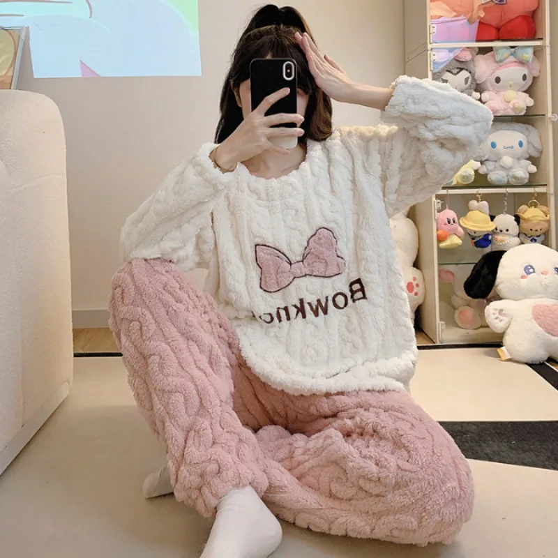 

Flannel Pajamas Women Winter Sweet Long Sleeve Trousers Plus Size Loungewear Two-Piece Set Soft Ladies Nightwear Fall and Winter
