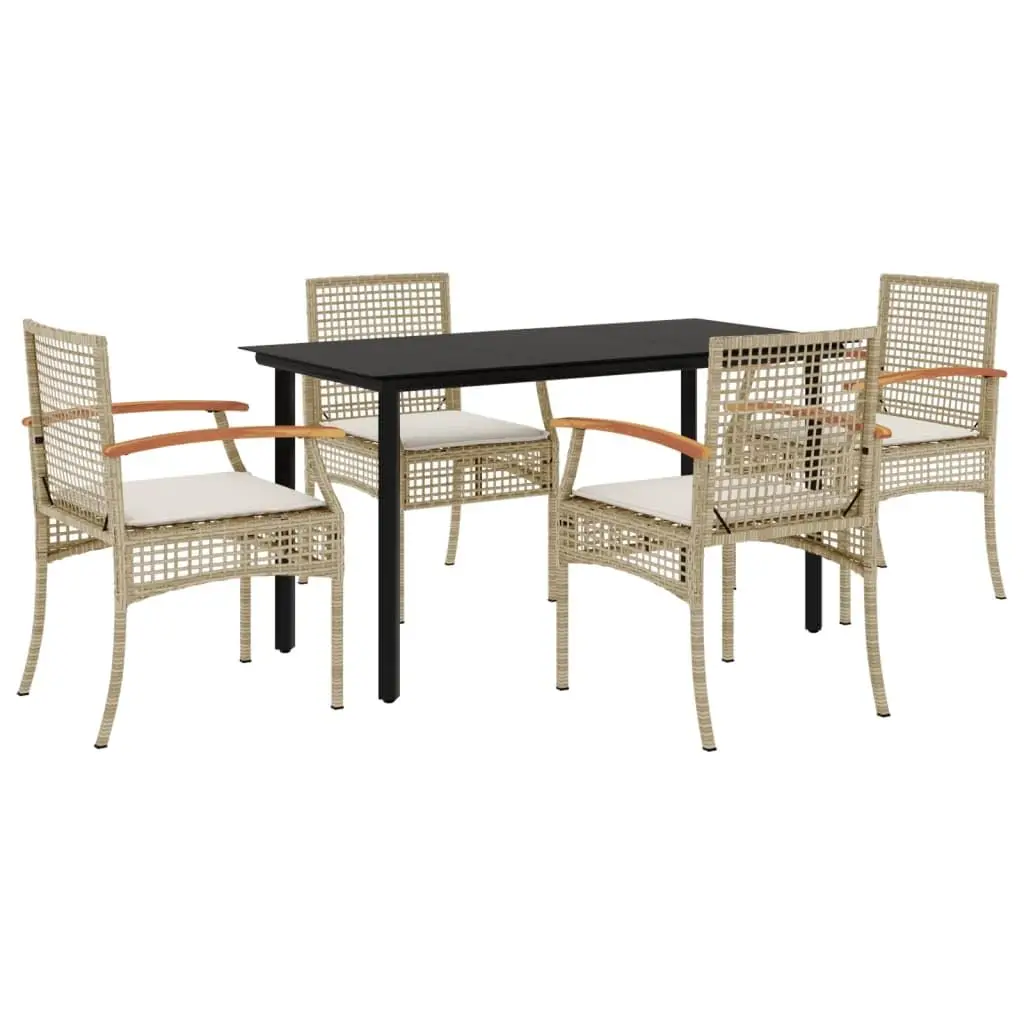 5 Piece Beige Poly Rattan Patio Dining Set with Cushions, Outdoor Garden Poolside Furniture Set, Customized