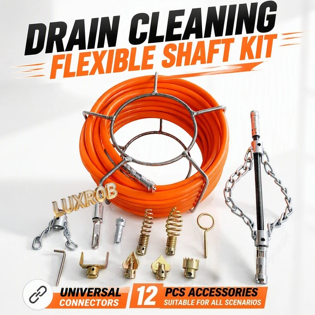 Drain Cleaning Flexible Shaft Kit Sewer Auger Cable 12Pcs Cutter Attachments for Sewer Pipe Clog Unclogging