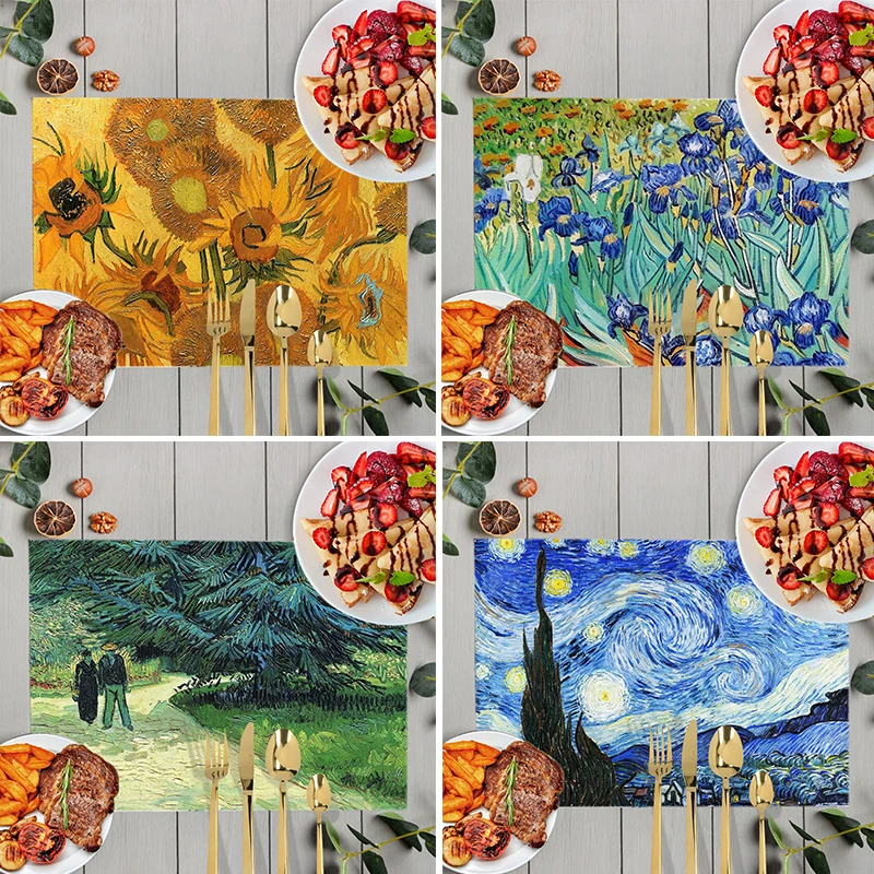 Oil Painting By Van Gogh Table Mats Sunflower Starry Night Coffee Cup Coaster Waterproof Linen Placemat Kitchen Accessories Dish