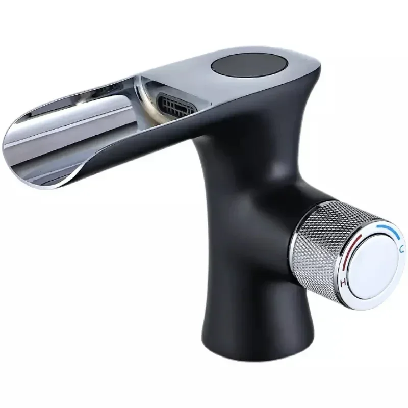 Brass Black Digital Display Temperature Waterfall Hot and Cold Water Tap Mixer Single Handle Bathroom Basin Faucet