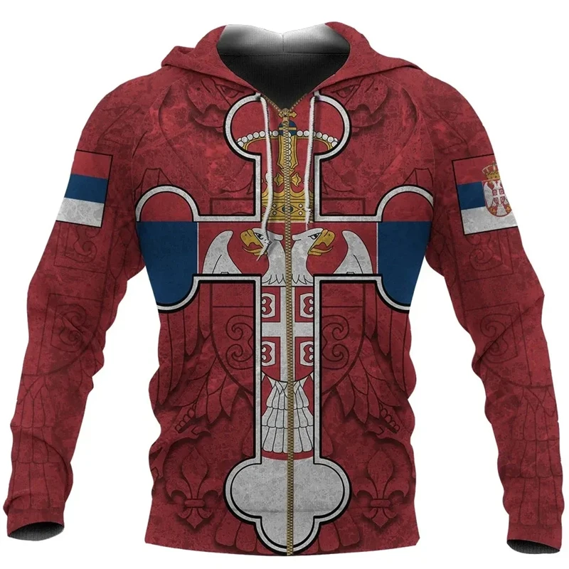 Fashion Casual Serbia Flag Pattern Everyday Mens Hoodies Long Sleeve Serbian National Emblem All Over Print Zip Hoodie Pullovers