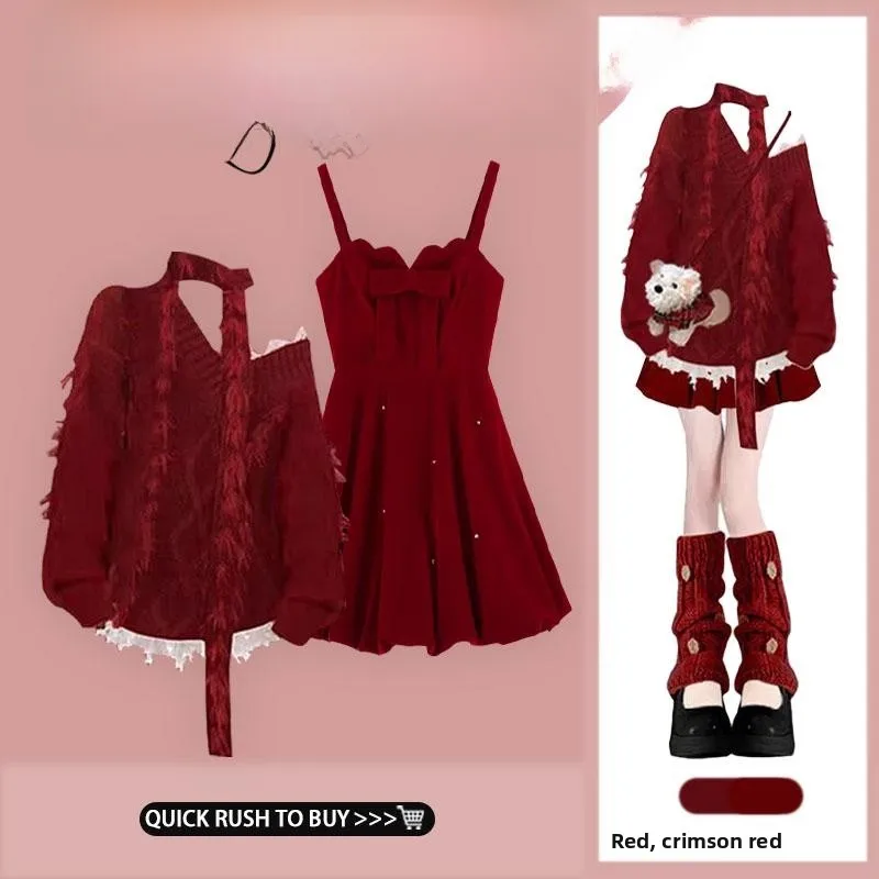 

Women's Autumn Winter Knitted Sweater Set V-ne oulder-baring Tassel Scarf Long Sve Twist Yarn Faion Ensemble