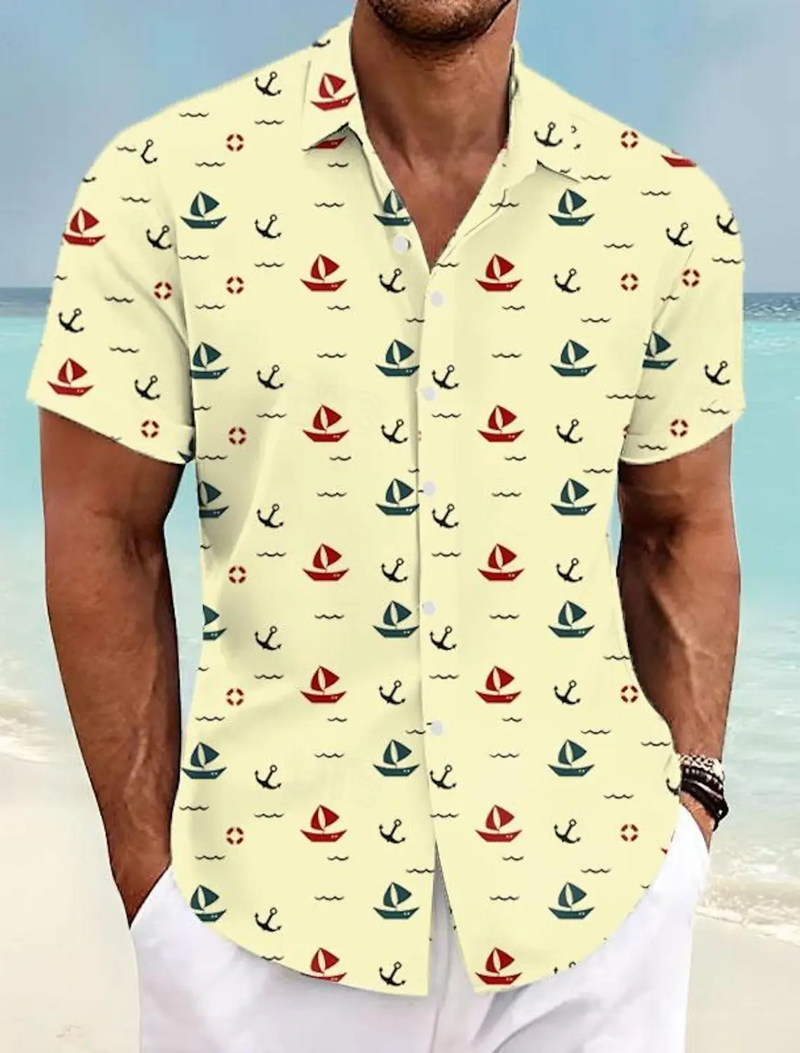 Sailboat Graphics Men\'s Resort Hawaiian Casual 3D Printed Street Shirt Summer Turndown Short Sleeves 4-Way Stretch Fabric Shirts