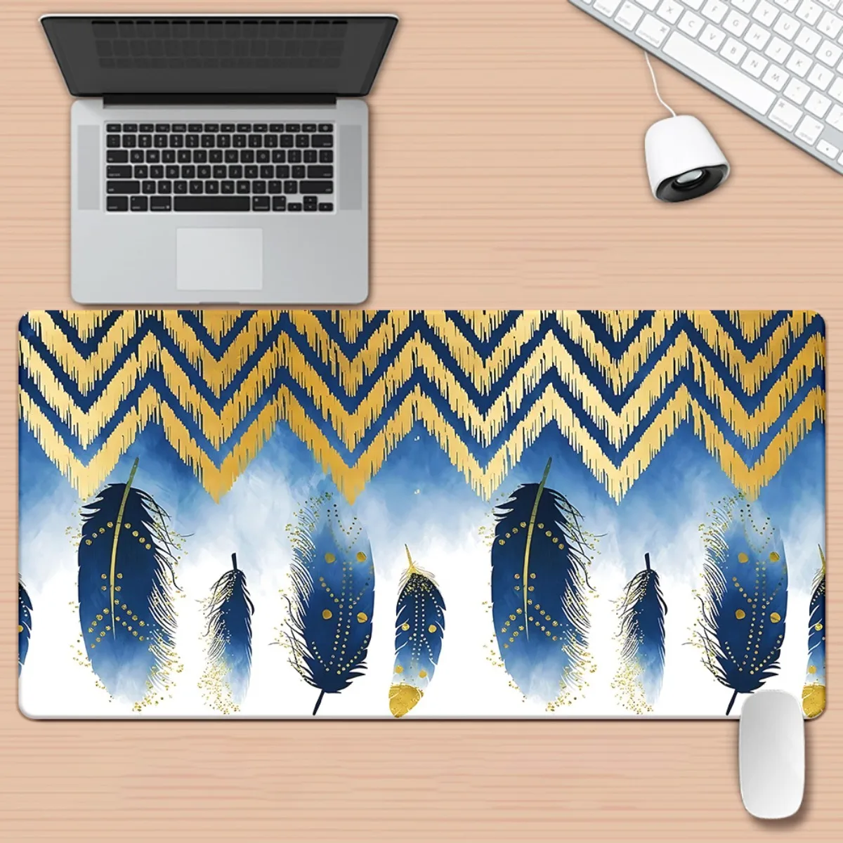 1Pc Blue Feather XXL Gaming Mouse Pad Non Slip Rubber Base Large Desk Mat Multi Functional Office Computer Decor Pad