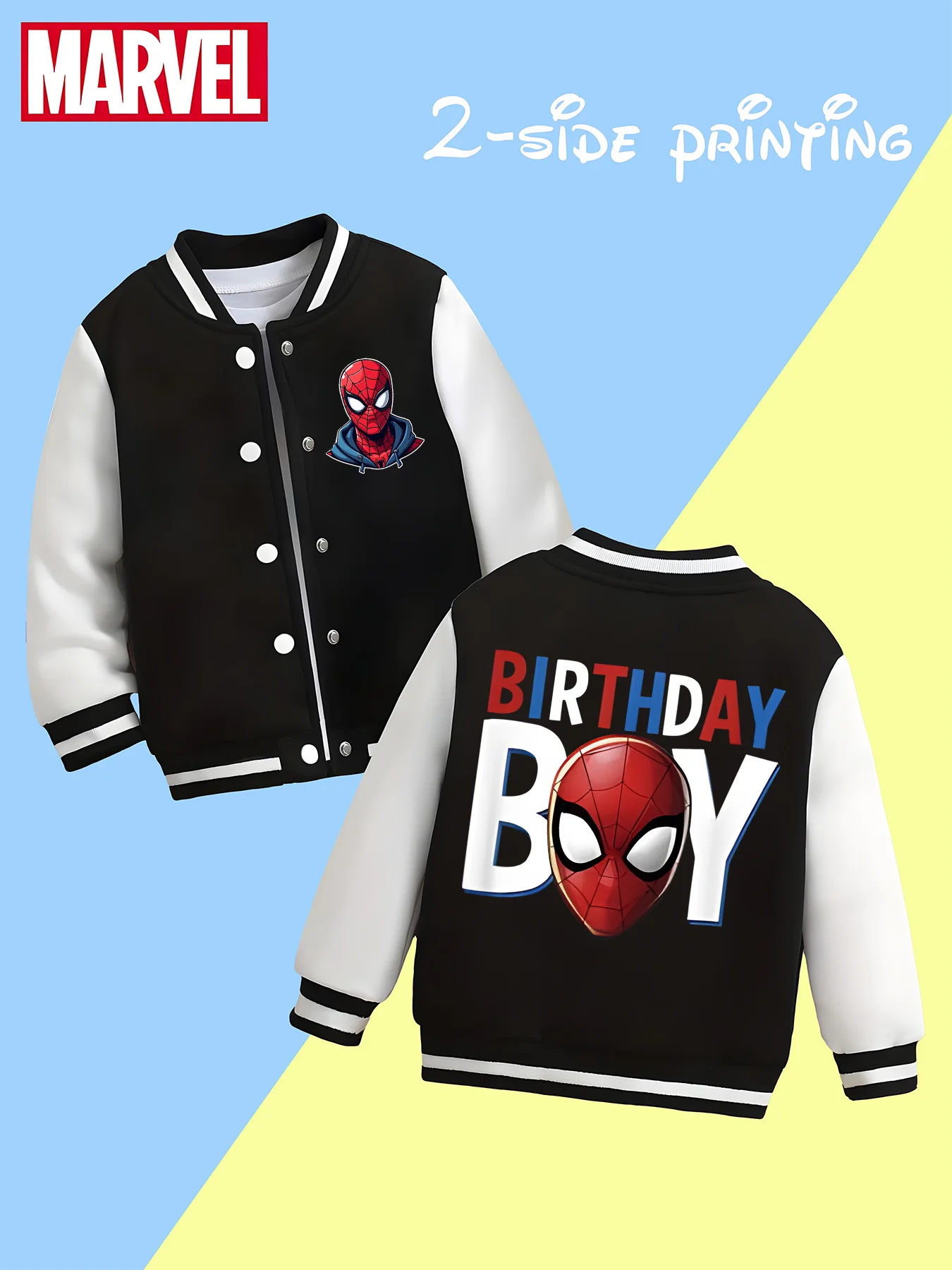 

MINISO Marvel Boys' Baseball Jacket - Spider-Man Birthday Double-sided Pattern, Comfortable Fabric, Black and White, Fashionable