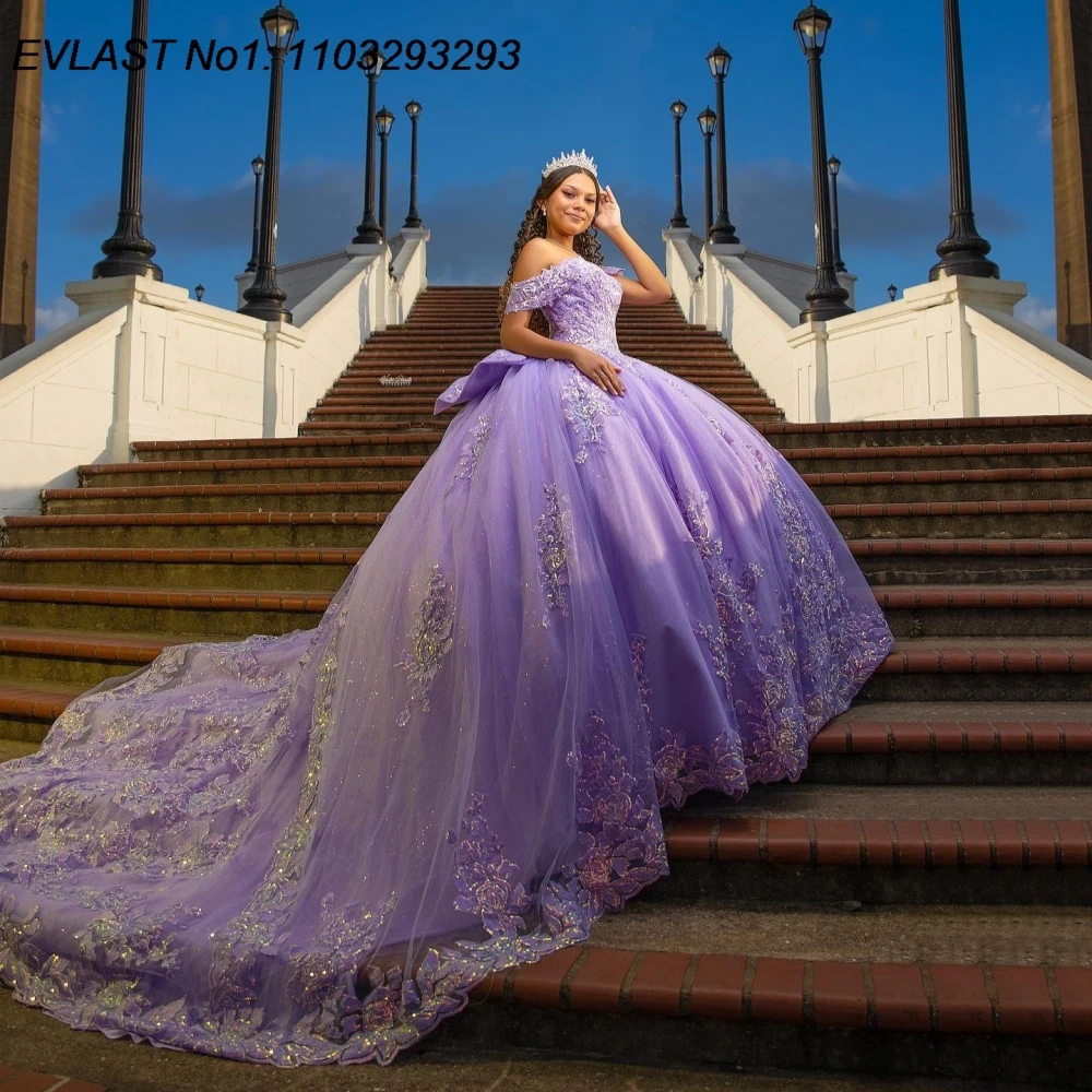 EVLAST Customized Mexican Lavender Quinceanera Dress Ball Gown Sequins Applique Beading Bow Sweet 16 Vestidos De 15 Anos E1QN526