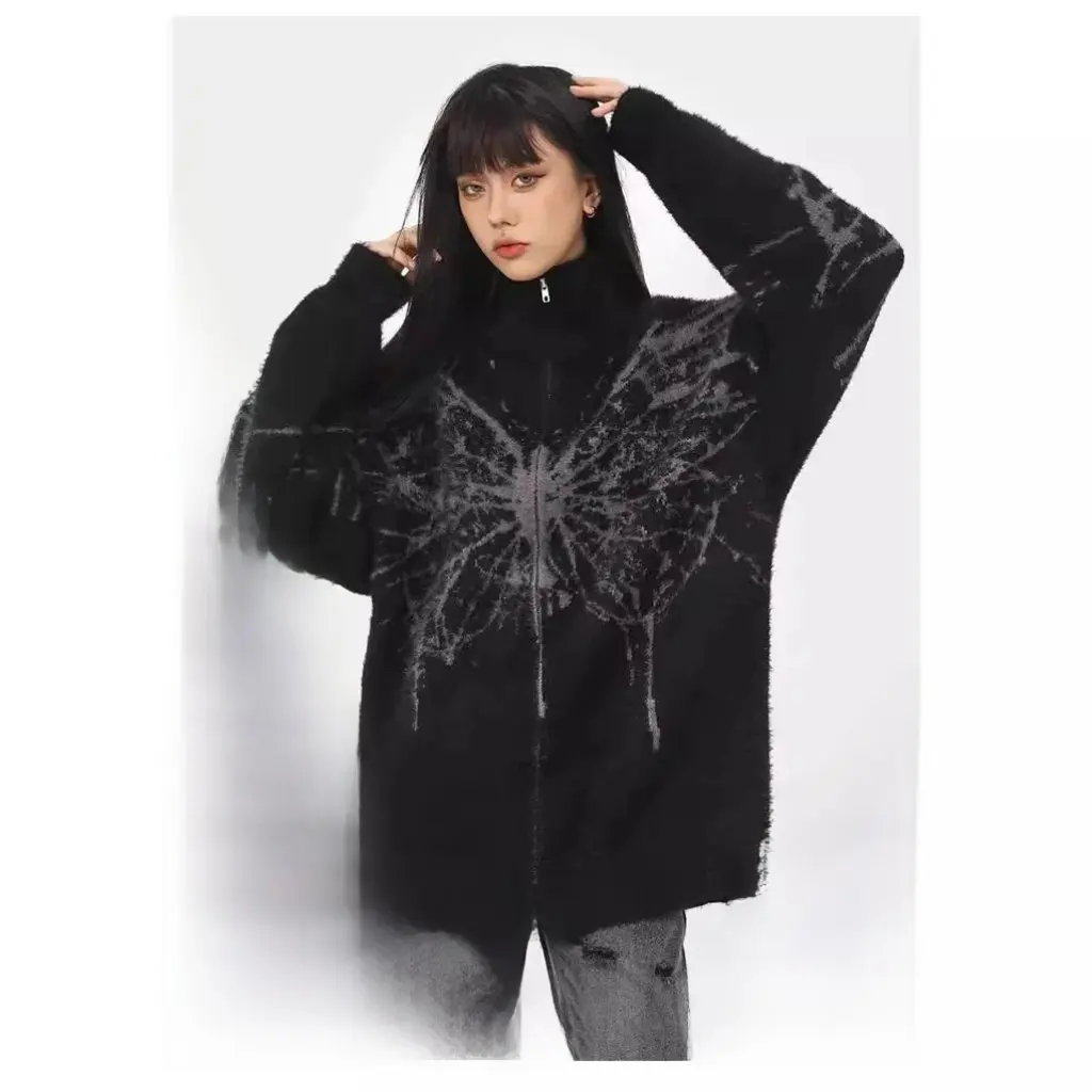 

Women's Grey Turtleneck Cardigan Sweater American Retro Fashion High Street Lazy Style Knitted Jacket