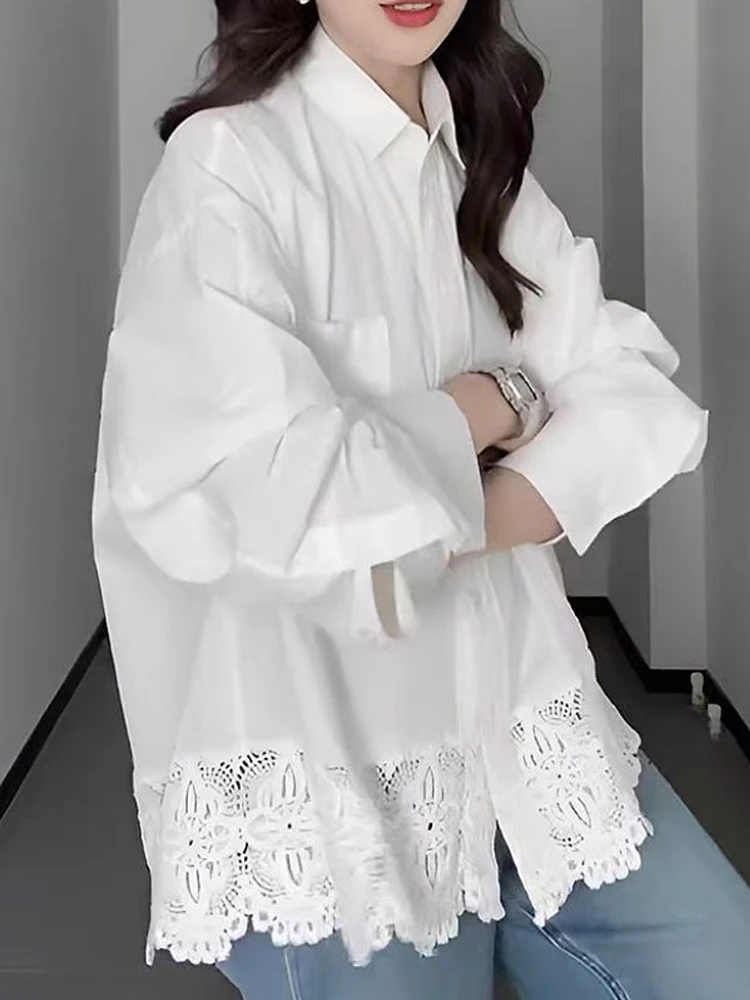 

2025 Summer Casual Women's Oversize Shirts Korea Style Button Up White Shirt Lace Patchwork Long Sleeve Female Cardigan Blouse
