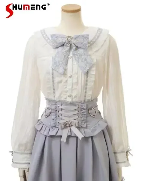 Japanese Cute Shirt for Lolita Women Elegant Embroidered Bow Sailor Collar Top Sweet Heart-Shaped Lace Sweet Long Sleeve Blouse