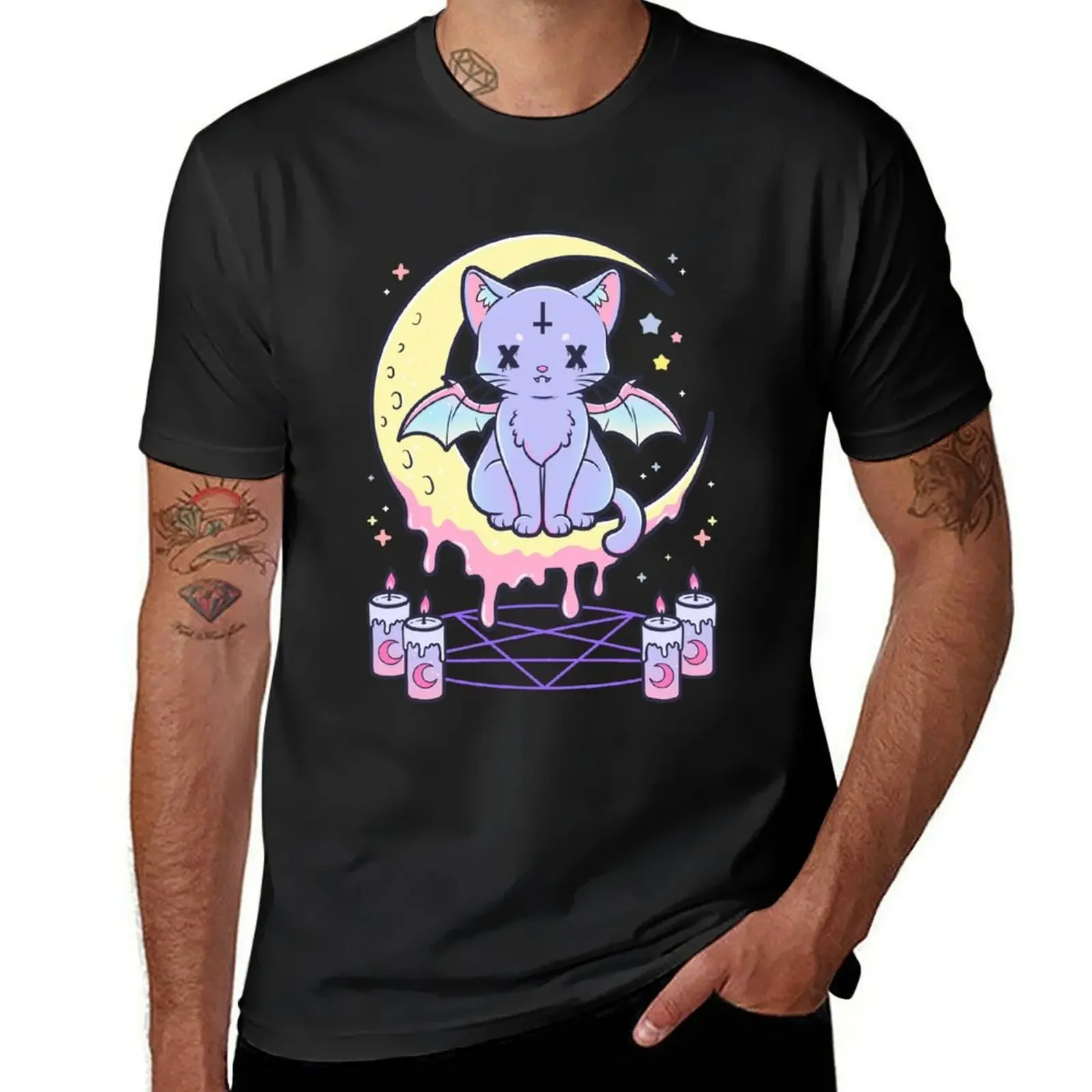 

Kawaii Pastel Goth Cute Creepy Occult Cat T-Shirt boys whites Men's cotton t-shirt