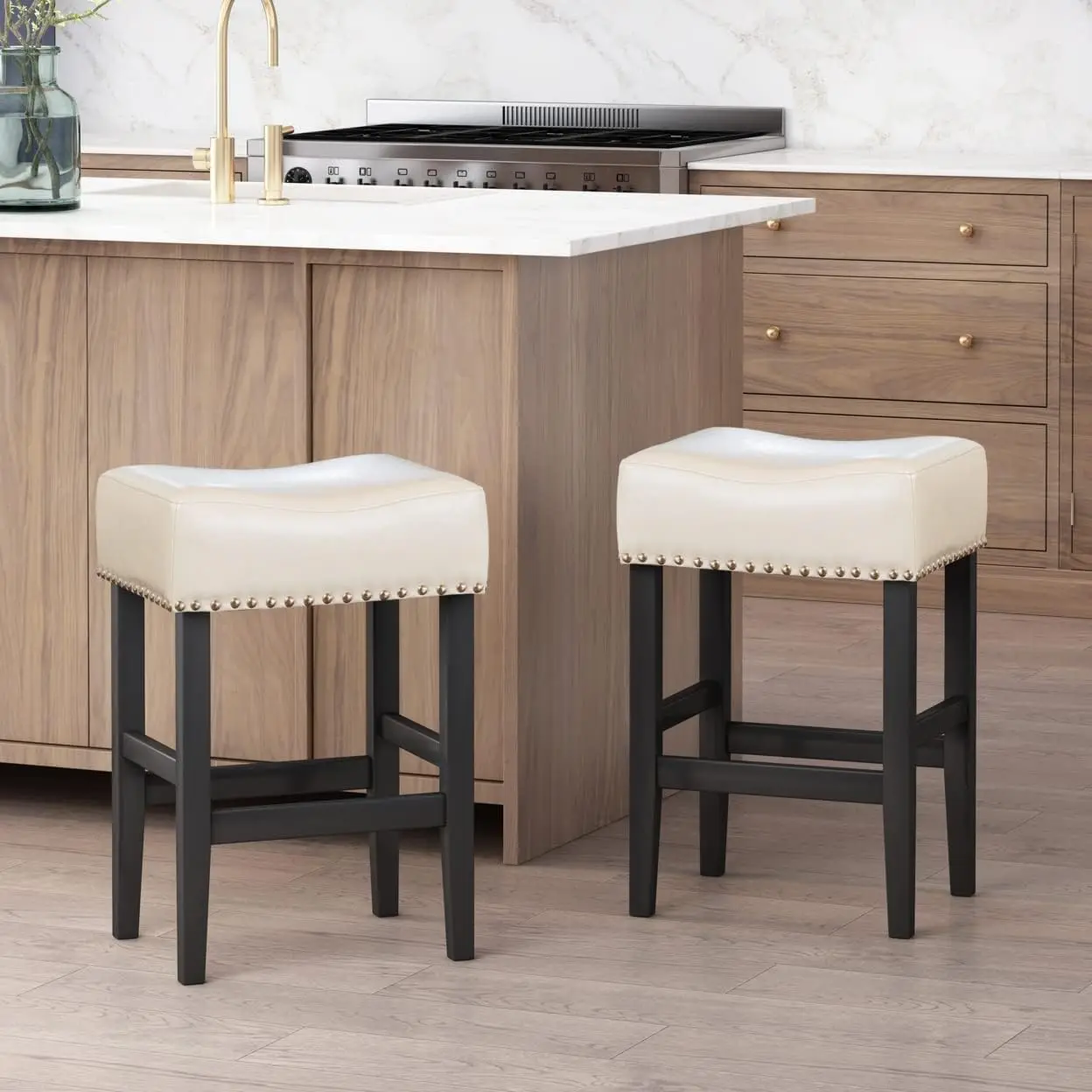 Lisette Backless Leather Counter Stools, 2-Pcs Set, Ivory