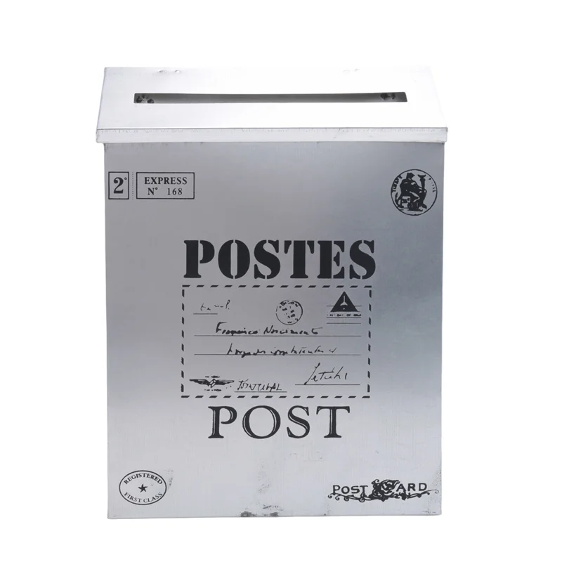 ABAH-صندوق بريد عتيق مثبت على الحائط صندوق بريد صندوق بريد معدني عتيق صندوق بريد مقاوم للصدأ مناسب للخارج الفضي #2