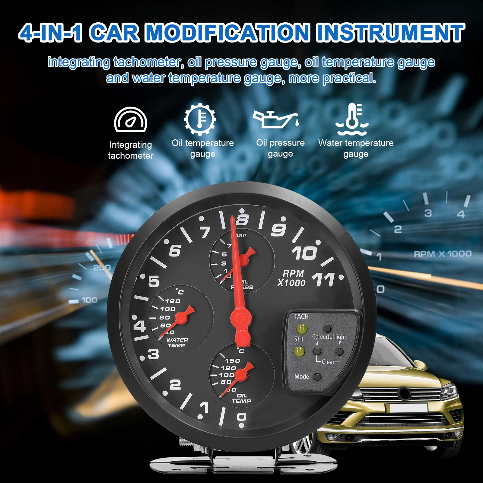 5” 4 in 1 Car Multifunctional Gauge Tachometer Oil Pressure Oil Temperature Water Temperature Gauge Meter Support Alarm Function