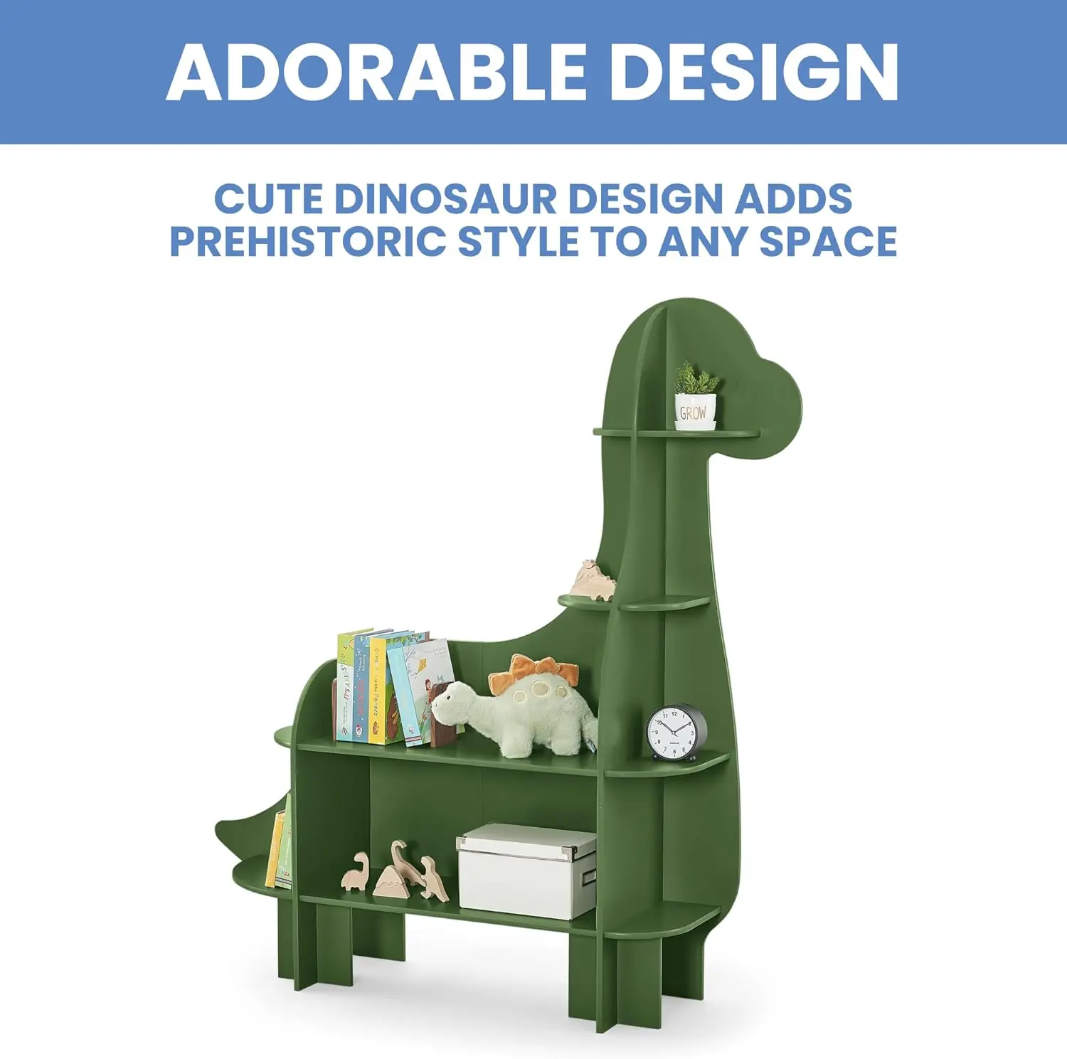 Dinosaur Bookcase with Greenguard Gold Certification, Fern Green - Versatile Storage for Kids' Rooms