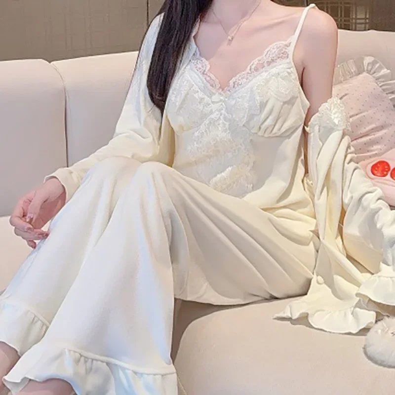 Island Velvet Sexy Pajamas for Women Home Wear Three-piece Set Double-sided Warm Autumn Winter Strape Pajamas Sleepwear