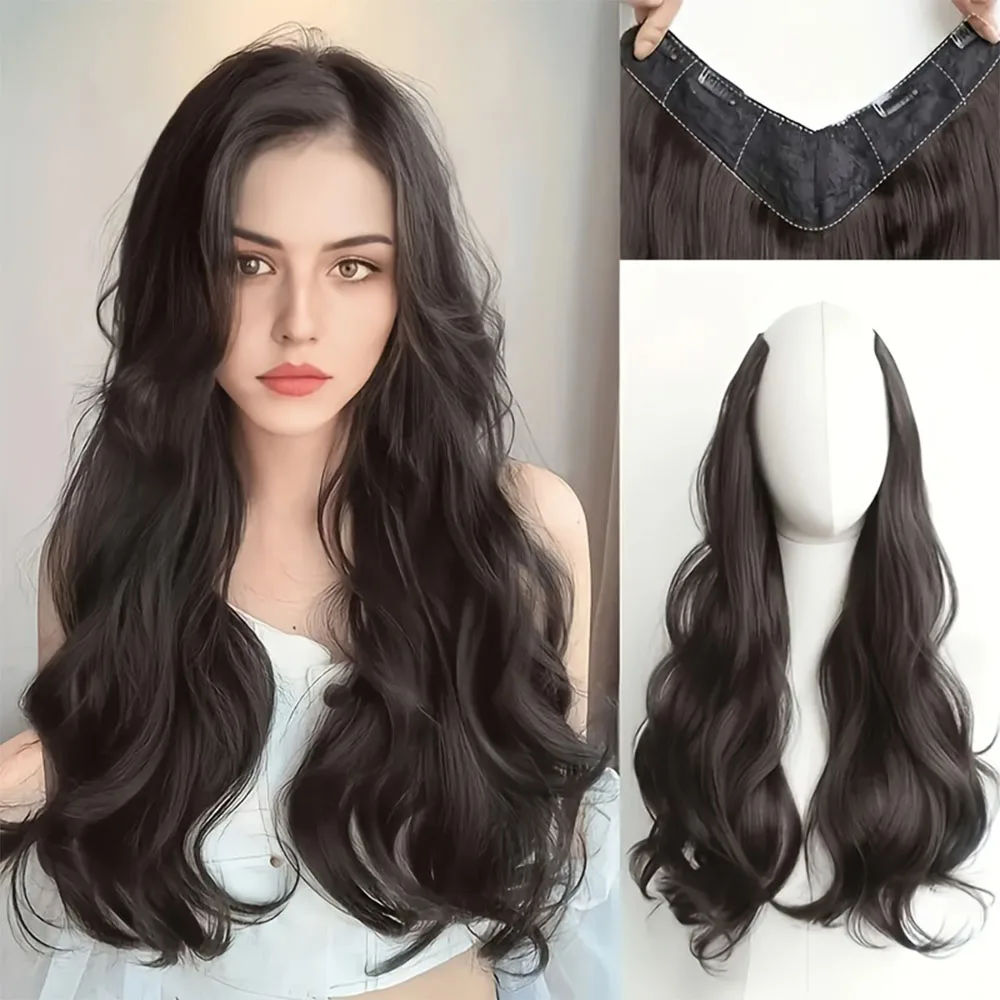 20Inch Synthetic Long Curly Hair Extension 4 Clips V-shape Natural Brown Black Hairpiece for Women