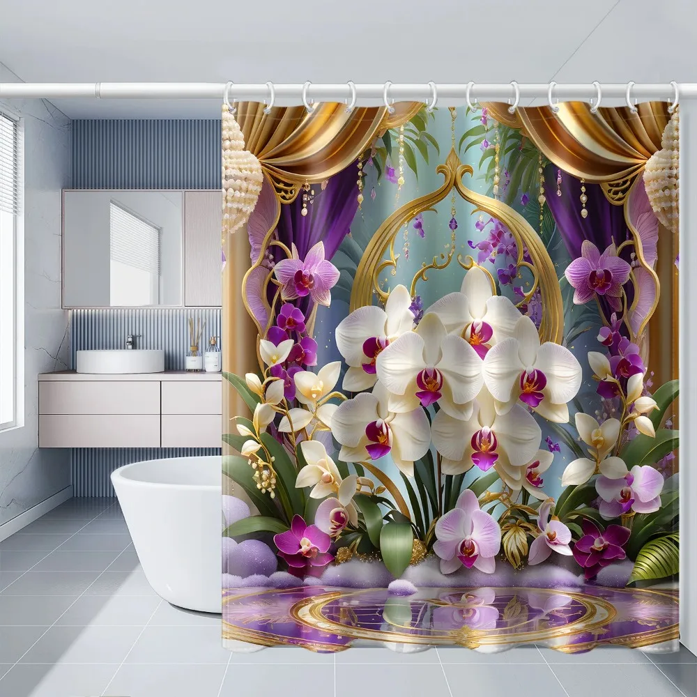 Purple Gold Flower Pattern Print Shower Curtain with Hooks Waterproof Fabric for Bathroom Window Wall Home Bath Decor