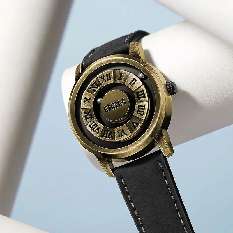 

DOM 1345, мужские кварцевые часы, креативный дизайн, магнитная указка, железный шар, водостойкий кожаный ремешок, повседневные часы для мужчин, подарки