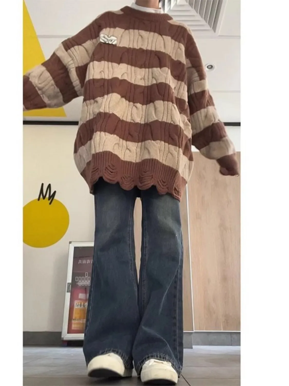 

Мягкий уютный полосатый круглый трикотаж Ne, женский свободный ленивый свитер средней длины, осенне-зимний длинный топ све