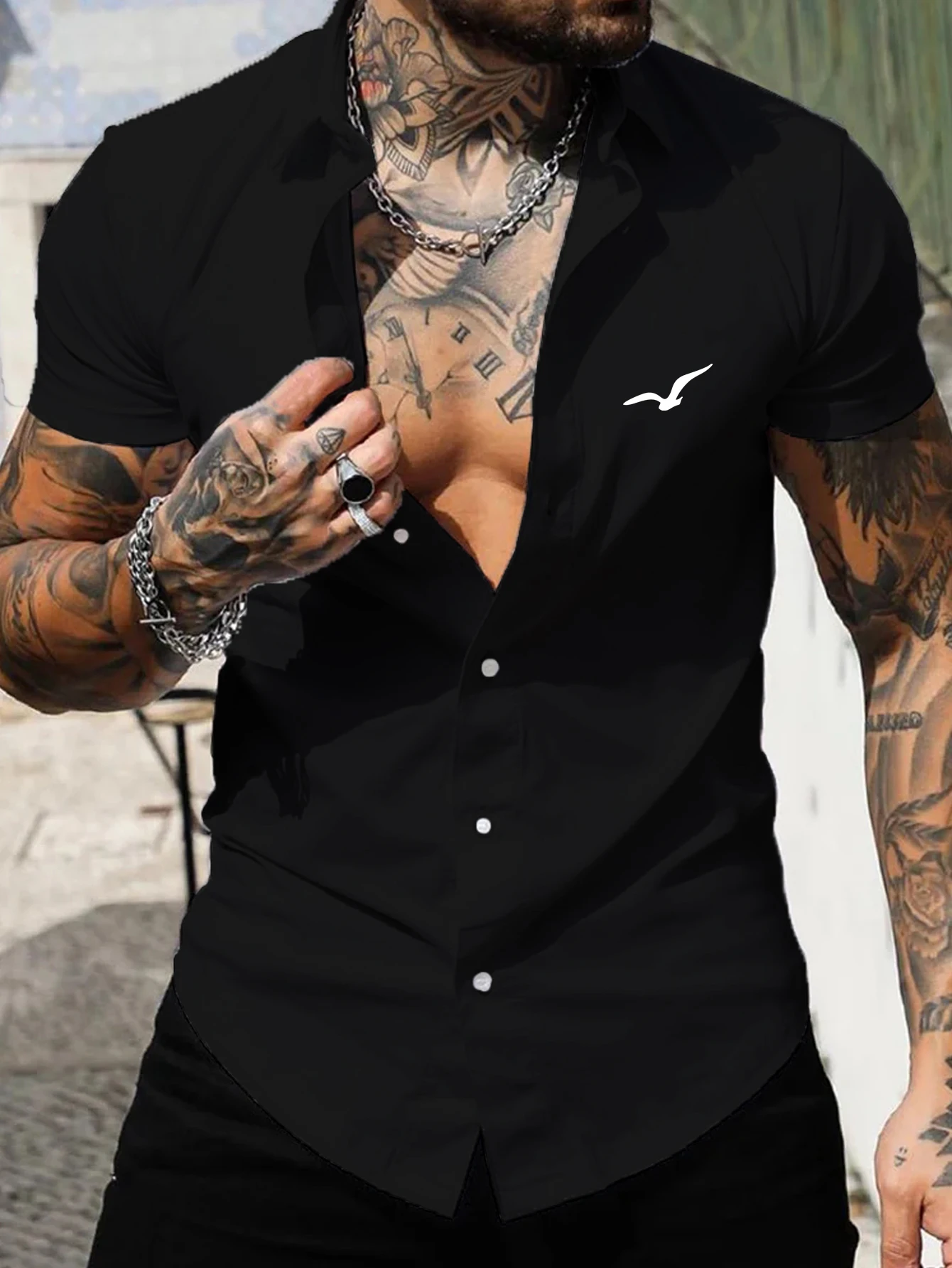 Men\'s short-sleeved shirt Muscle men\'s fitness shirt summer men\'s sports elastic breathable Slim show muscle short-sleeved shirt