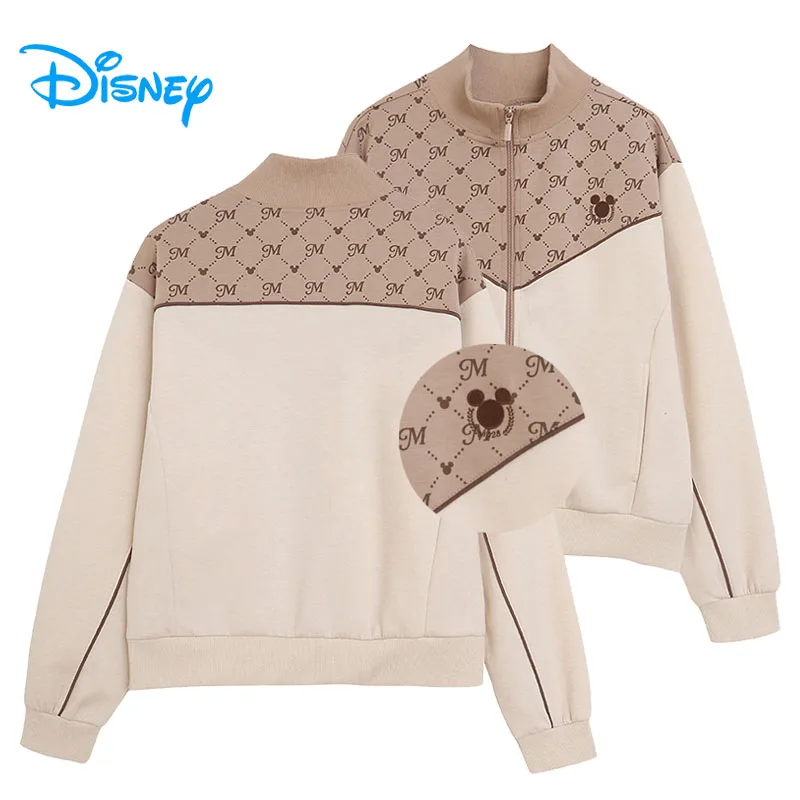 Disney Mickey broderie sweat-shirt zippé femmes décontracté col montant Bomber veste Patchwork contraste couleur pull vêtements d'extérieur haut