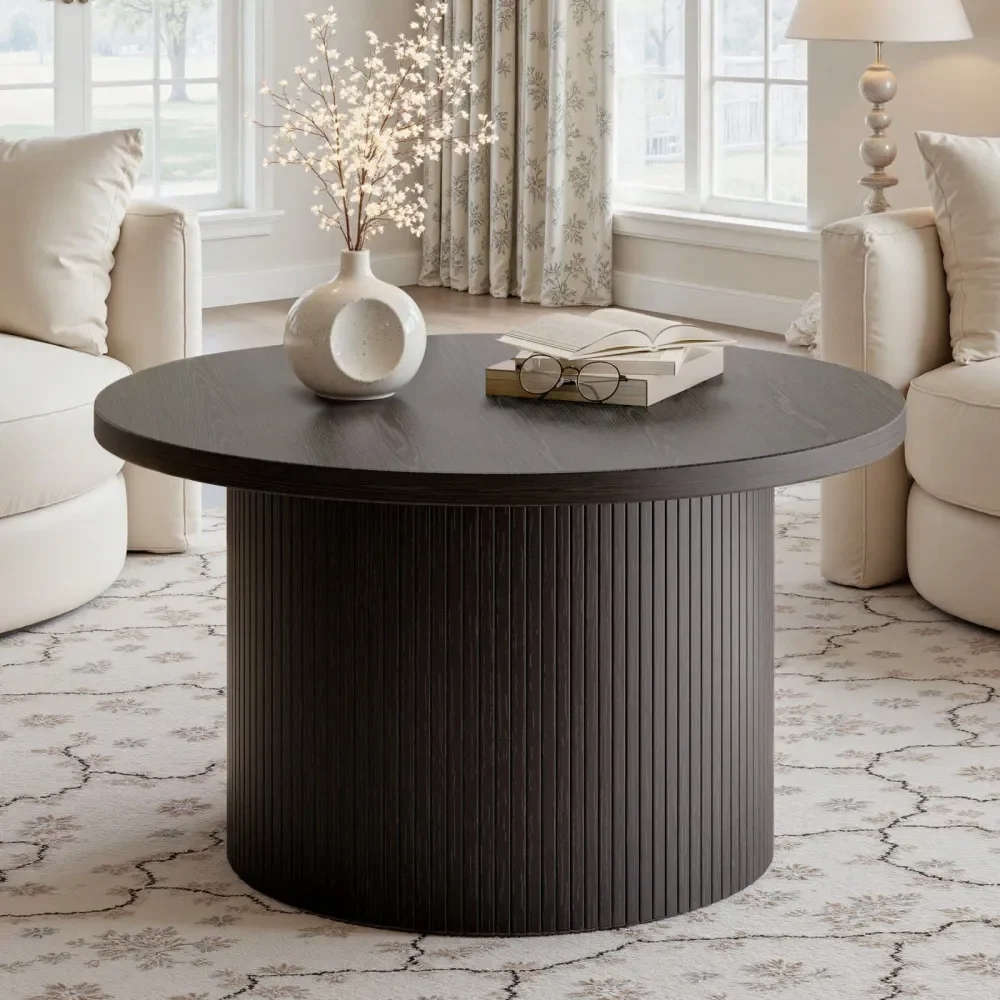 

Round Coffee Table, 31.5 Tambour Design Coffee Tables For Living Room, Mid Century Modern Wood Coffee Table, Drum Accent Center