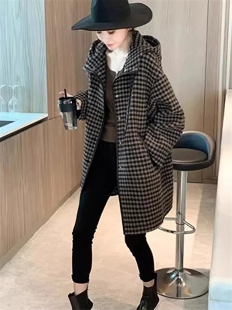 Plaid Hooded Loose Mid Length Wool Double Layer Coat Autumn and Winter 2024 New Loose and Versatile European Style High-end Coat