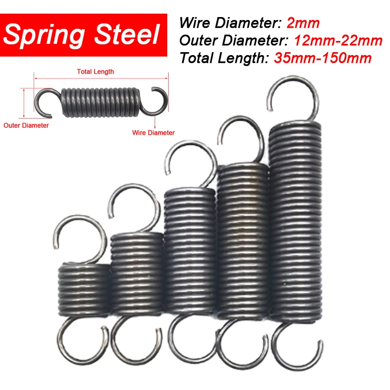 1/2pcs Wire Diameter 2mm Springs Steel With Hook Extension Tension Spring OD 12mm/14mm/16mm/18mm/20mm/22mm Length 35mm-150mm