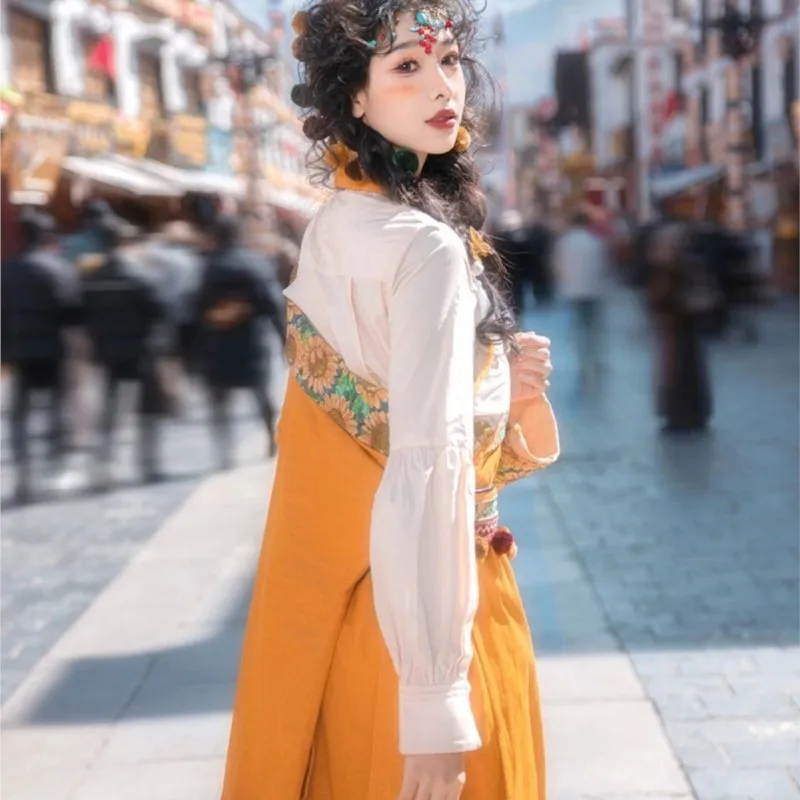 New Tibetan Style Women Yellow Robe Clothing Trip Shoot Ethnic Grassland Photo