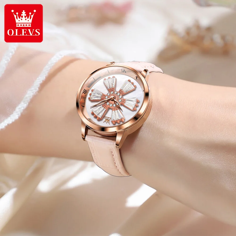 OLEVS 5579 Women\'s Watches Leather Strap Fashion Time Flies Waterproof Diamond Watch for Ladies Elegant Women\'s Wristwatches