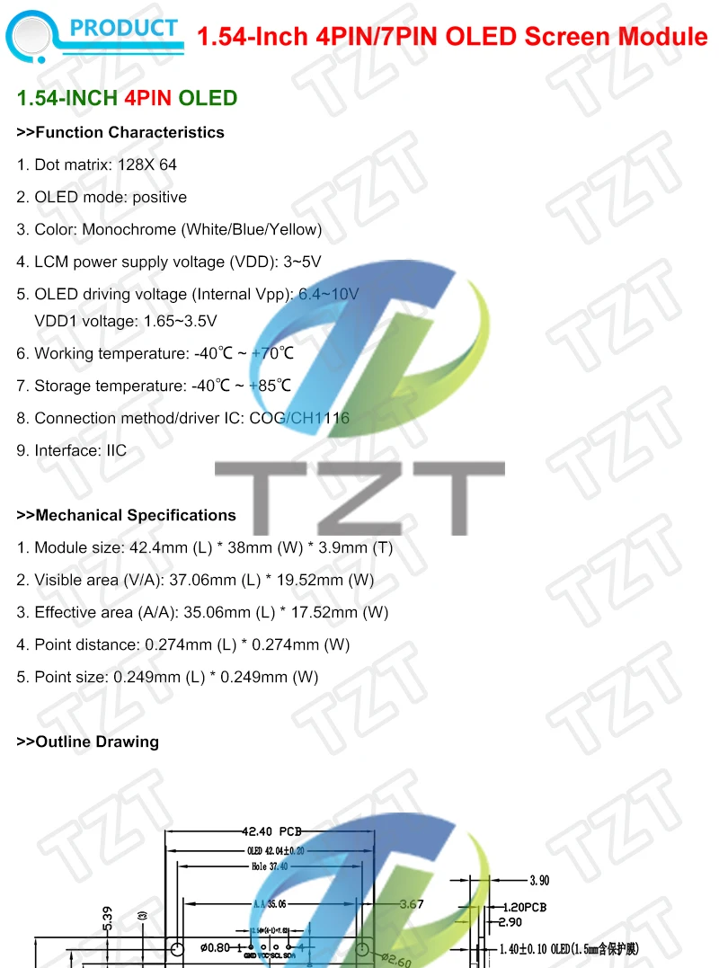 TZT 1,54 Zoll 4PIN 7PIN Weiß Blau OLED-Bildschirmmodul CH1116 Treiber-IC Kompatibel mit SSD1306 SPI-Schnittstelle 128*64 – Detail 1
