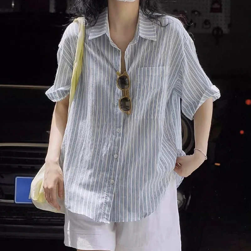 

Женская рубашка больших размеров для похудения, весна-лето, новая модель, в полоску, из хлопка и льна, с коротким рукавом, тонкая, на пуговицах, кардиган