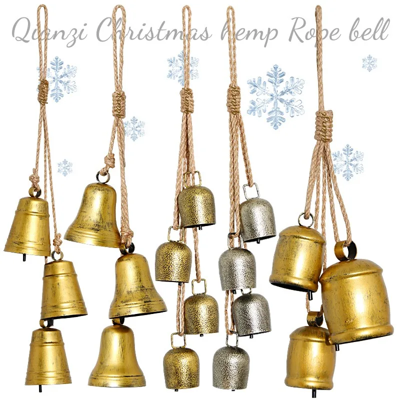 Antique Iron Bell Christmas Ornament Hemp Rope Hanging Decor for Fireplace Mantel Rustic Metal Jingle Bells Holiday Home Decor