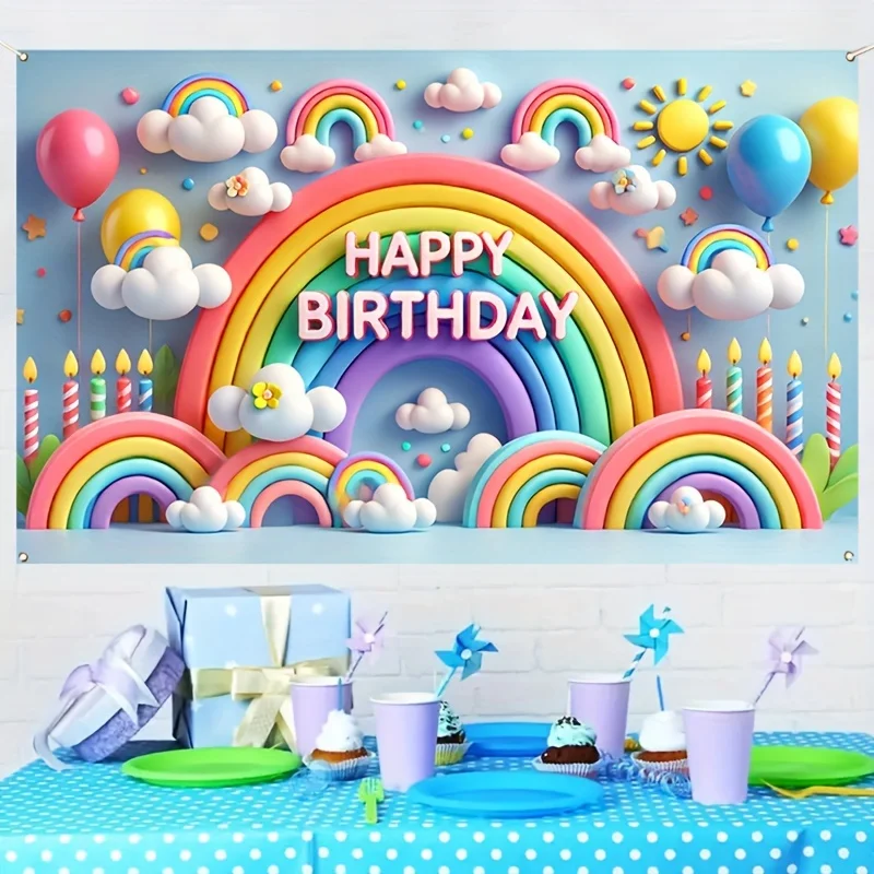 1 Rainbow and Cloud Happy Birthday Banner - Polyester Party Decoration Background Rainbow Party Decoration Set